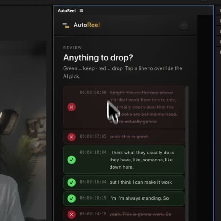 The AutoReel panel in Premiere Pro, marking which lines of a take to keep and which to drop
