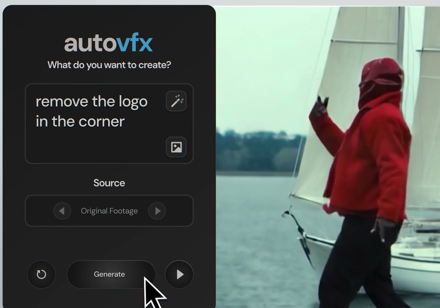 The AutoVFX panel with the prompt “remove the logo in the corner”, next to the shot it edits
