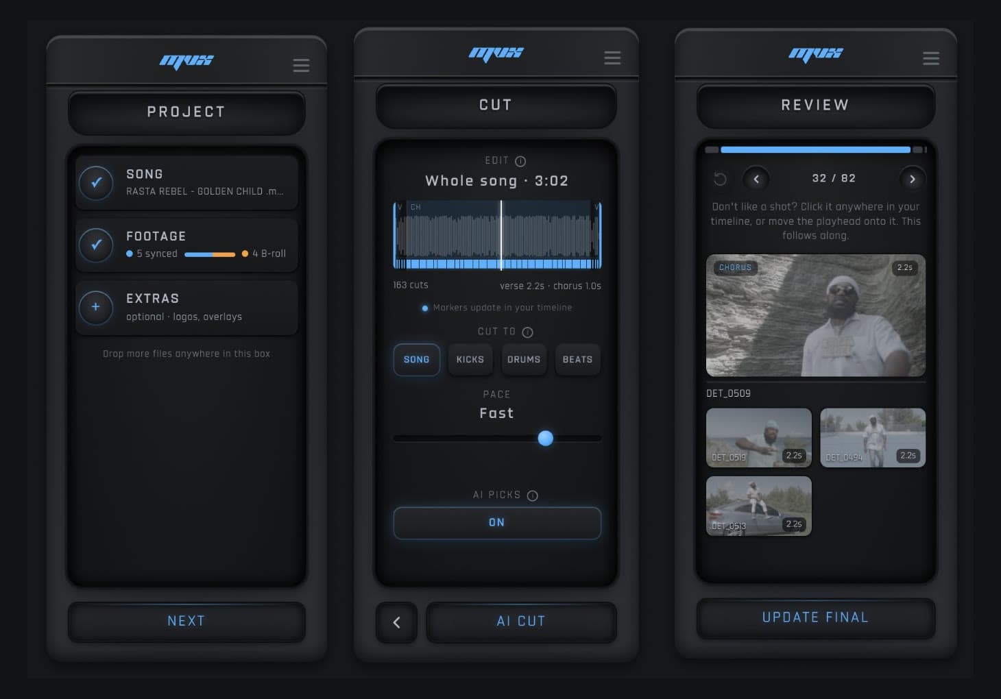 The MVX AI panel: the Project, Cut and Review screens