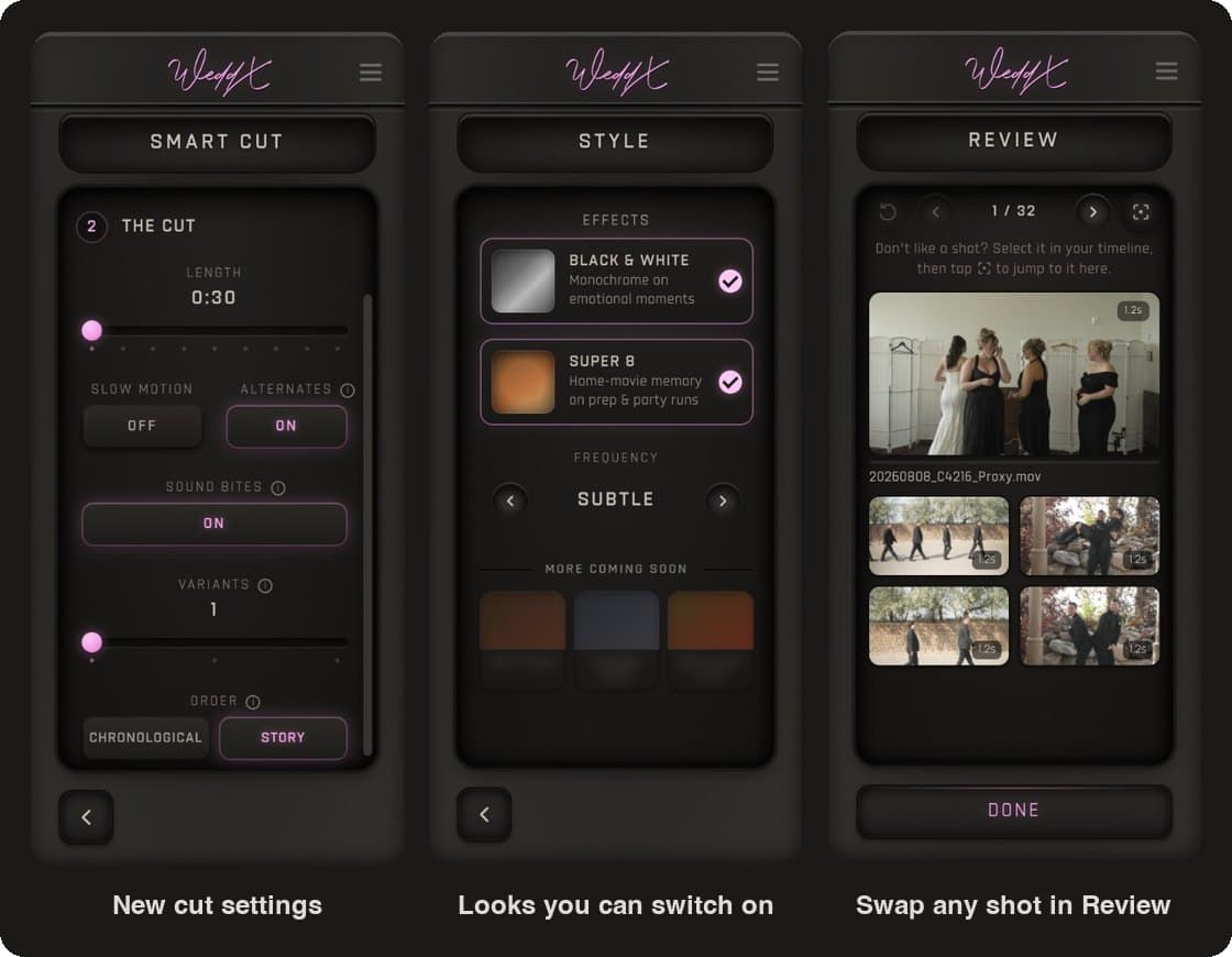 The WeddX panel: the Smart cut, Style and Review screens