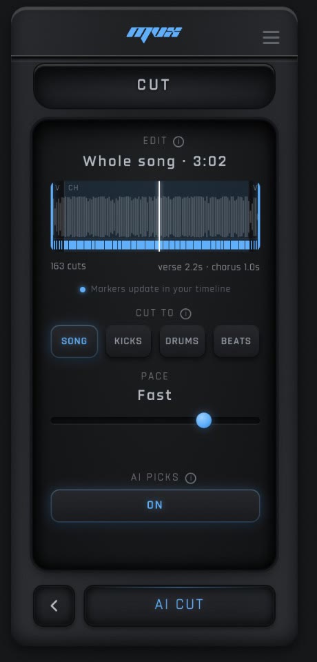 MVX Cut screen: edit range, cut to song, kicks, drums or beats, and a pace slider