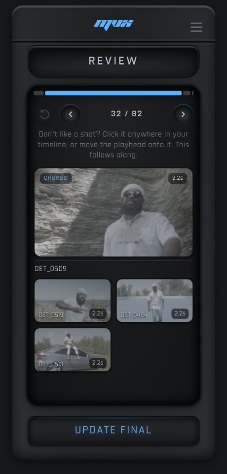 MVX Review screen: the current shot with alternatives from the same take