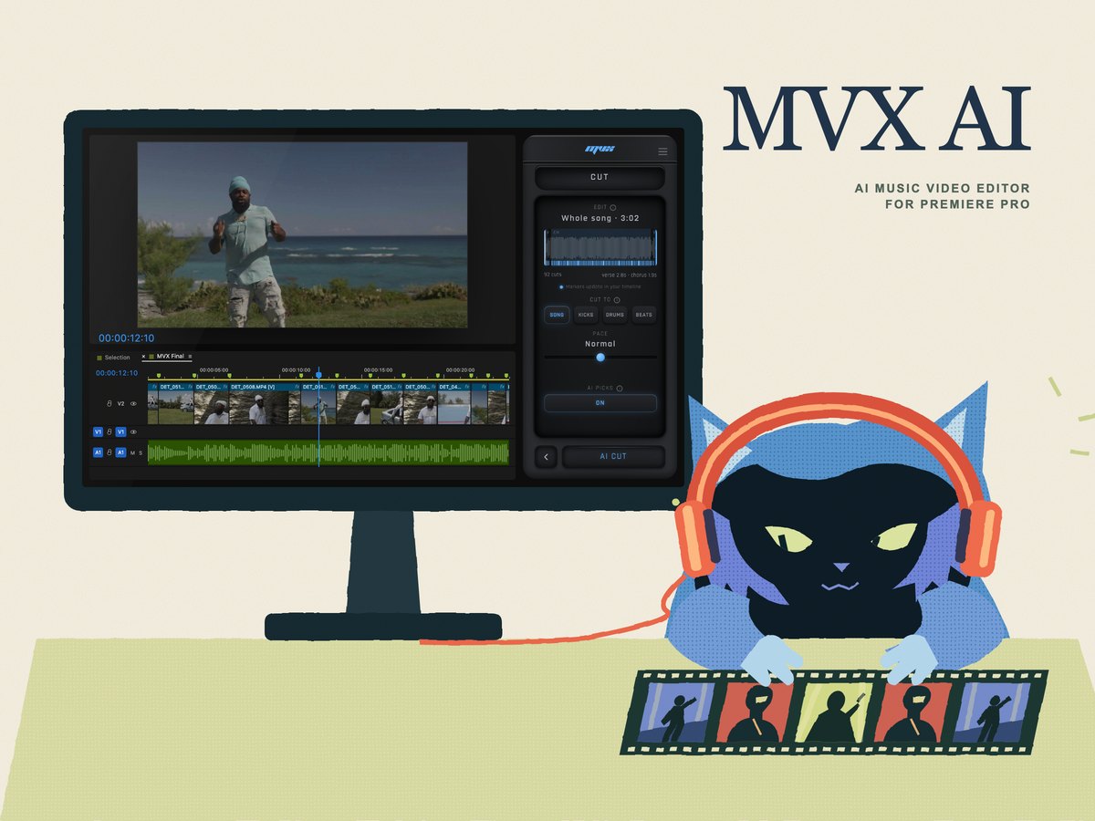 MVX AI in Adobe Premiere Pro: the MVX panel’s Cut view next to an AI-cut music video timeline, with the PxlSafe cat at its desk