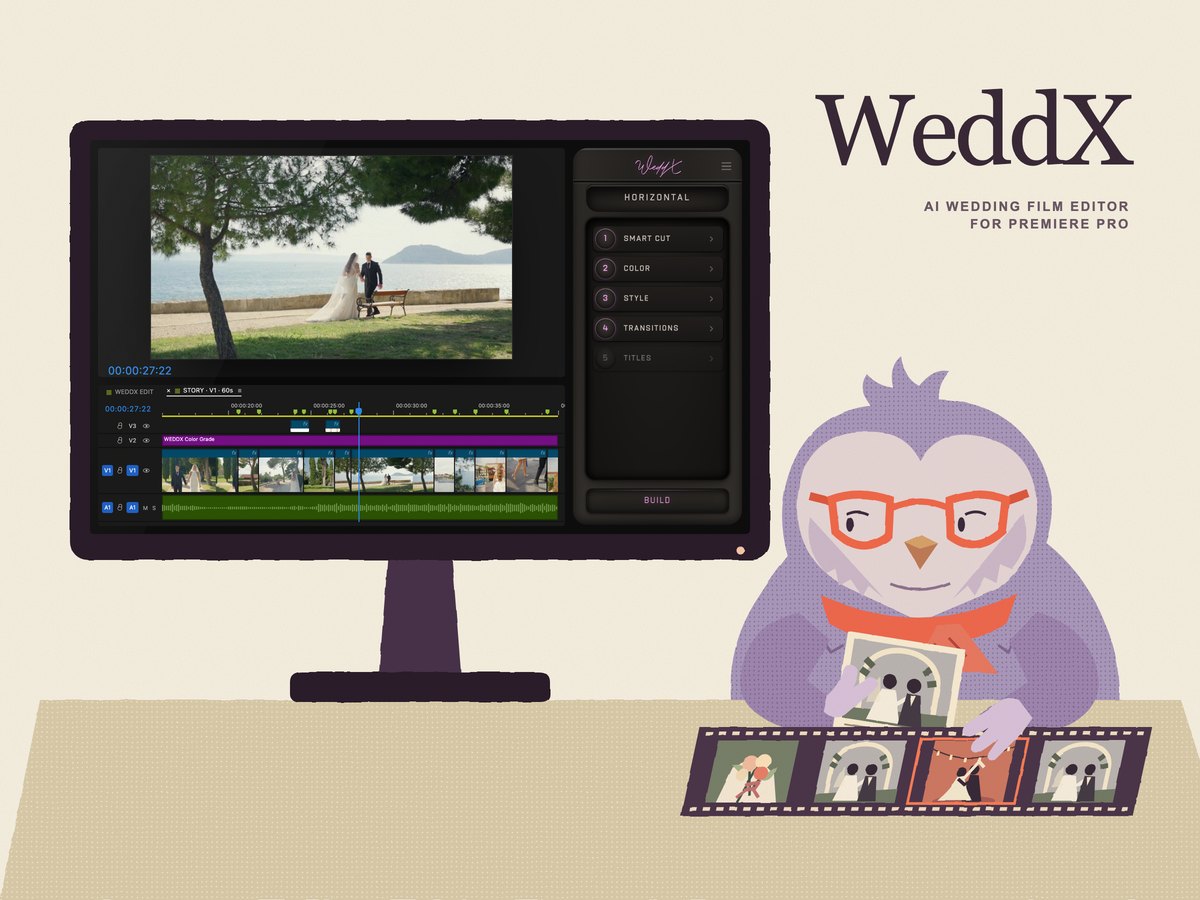 WeddX in Adobe Premiere Pro: the WeddX panel’s build steps next to a wedding film timeline, with the PxlSafe owl at its desk